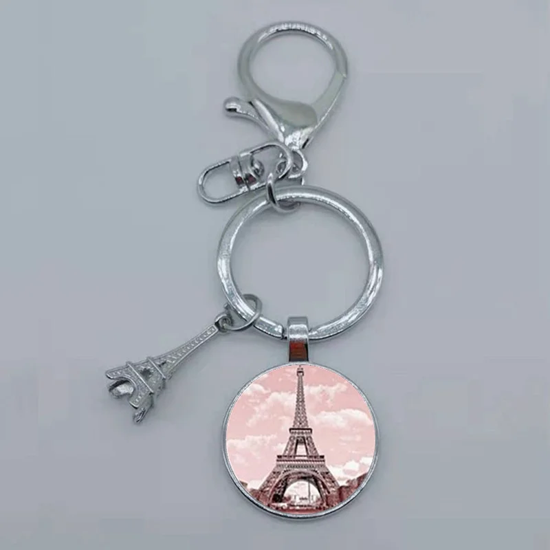 Romantic Paris Eiffel Tower Key Chains Art Lady Wander Drawing Design Glass Pendant Cute Keychain Keyring Women Bag Jewelry