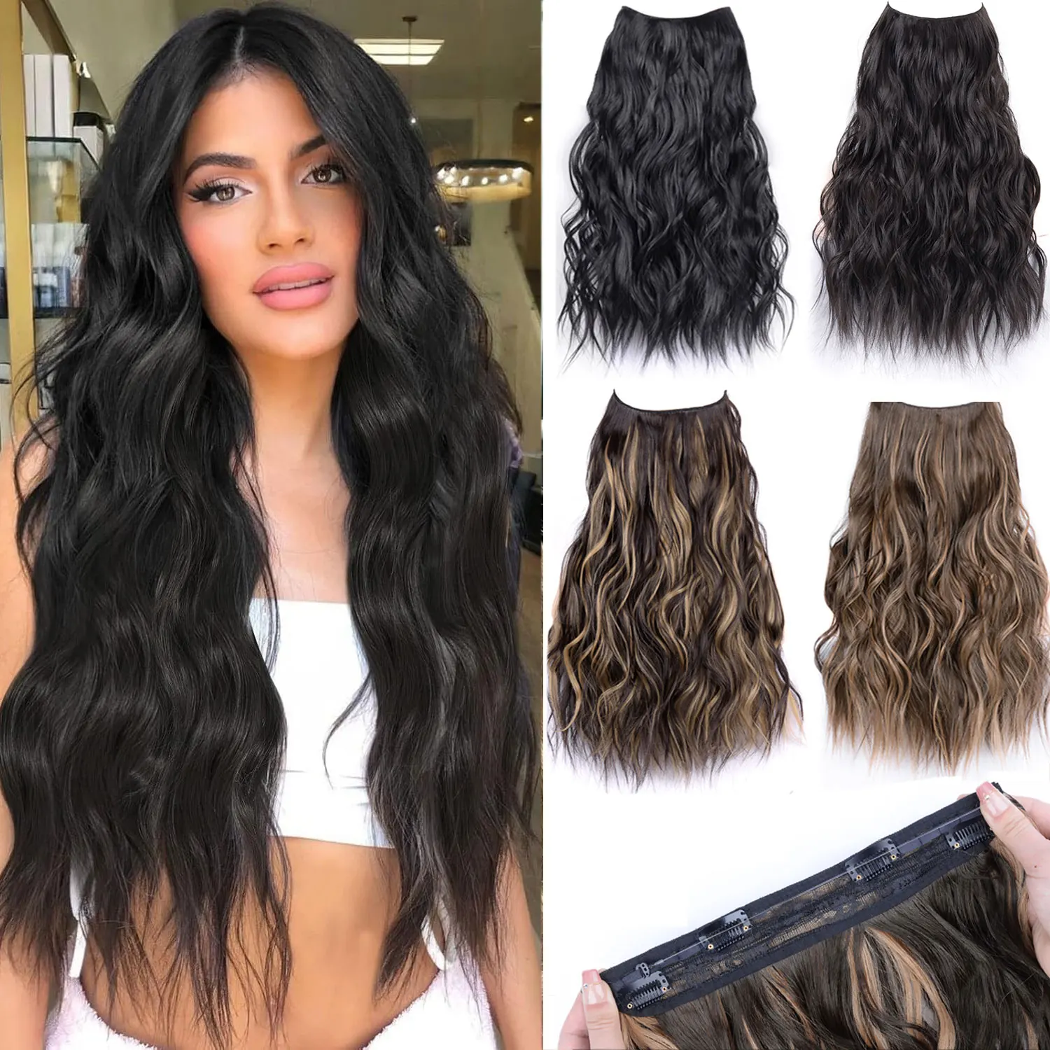 קליפים סינטטיים בשיער קליפ גלי ארוך בהרחבות שיער 4 יח'\אריזה 11 קליפים אצל נשים 20 אינץ'