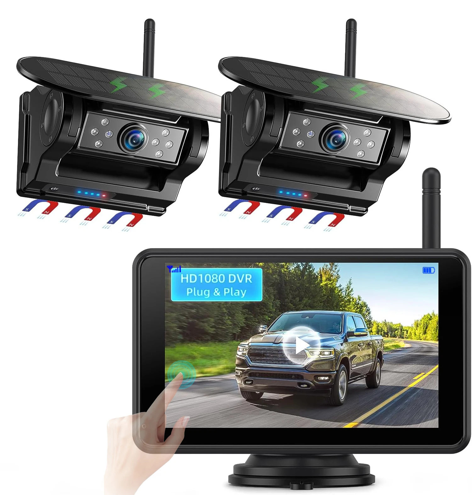 

7'' Magnetic Solar Charging Wireless DVR Camera with 1080P Touch Monitor BSD Blind Spot Alarm, for Truck/RV/Trailer/Forklift