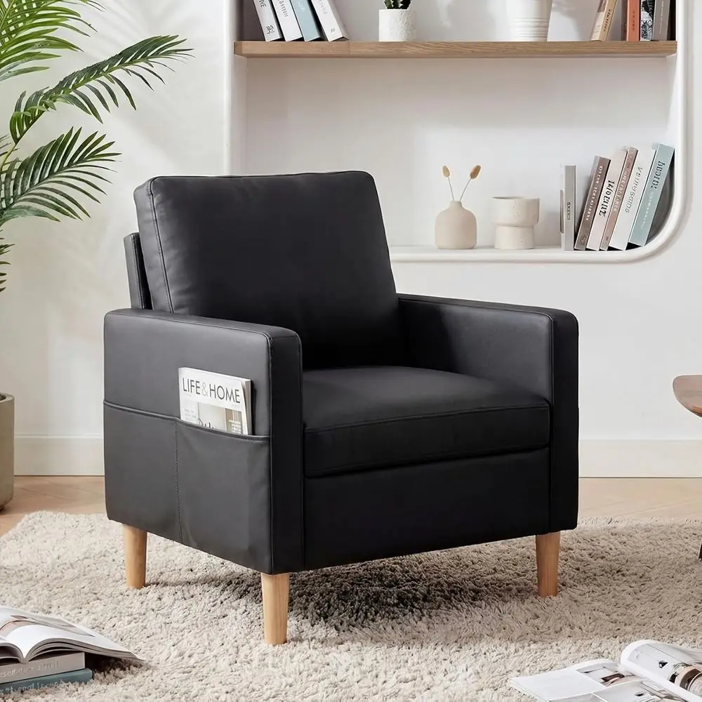 Leather Accent Chair, Living Room Chair with Wooden Legs (Black, 1) | , Century ern, Armrest kets, Comy, Waiting Room, Bedroom,