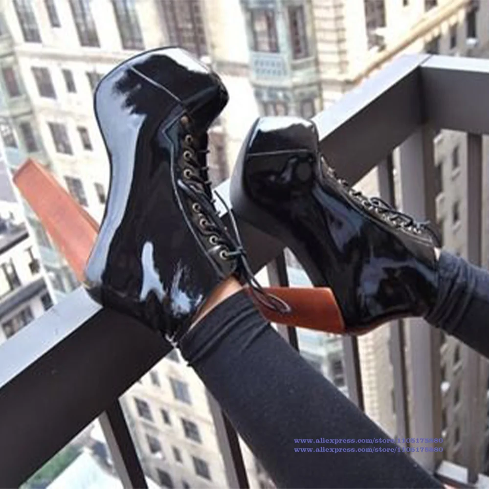 

Женские ботильоны на платформе и каблуке, черные, из лакированной кожи, на высоком каблуке, на шнуровке, элегантные женские ботинки ручной работы, Botas Mujer