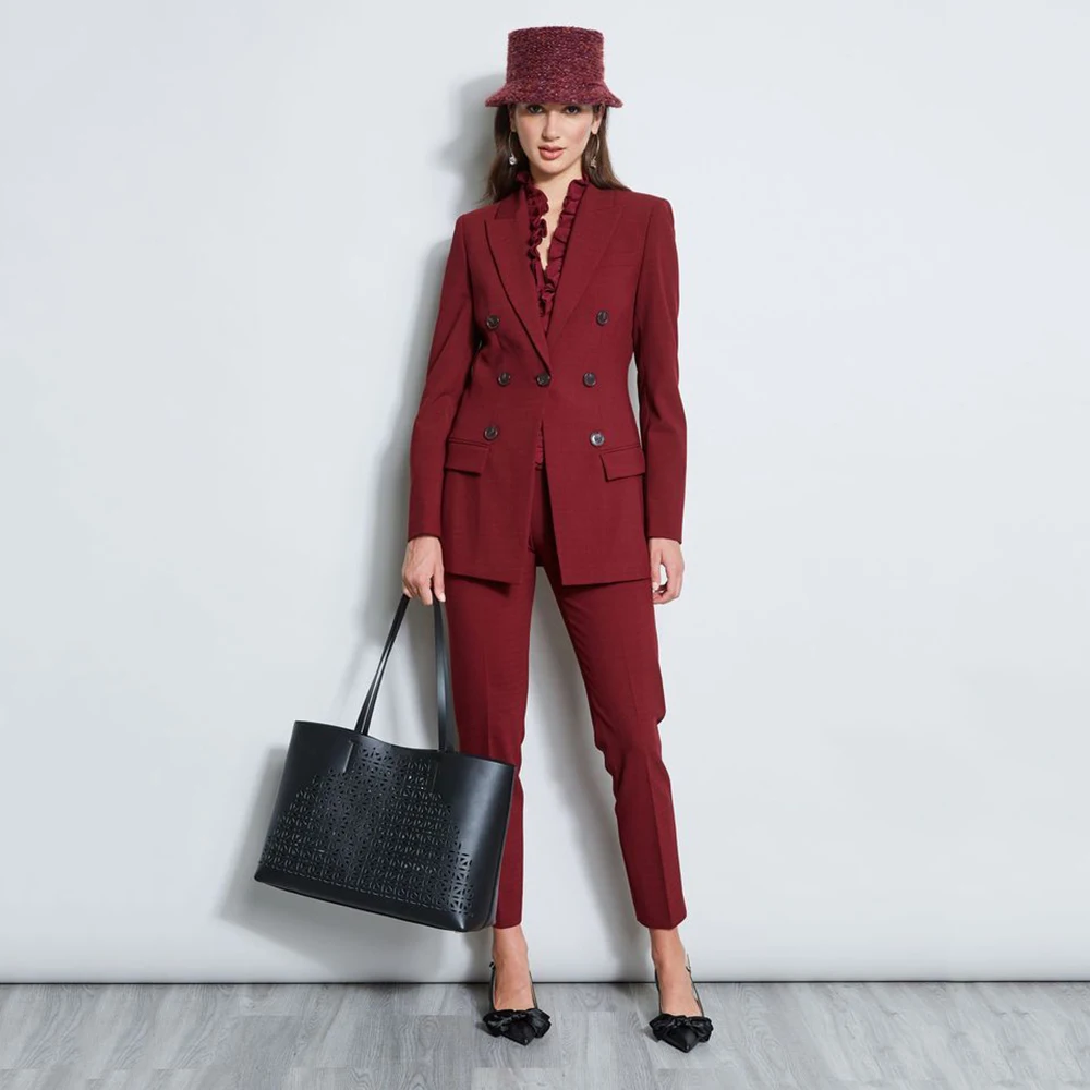 Elegant Burgundy Women's Suits Single Button 2 Pieces Jacket Pants Female Clothing Smart Banquet Office Lady's Blazers Sets