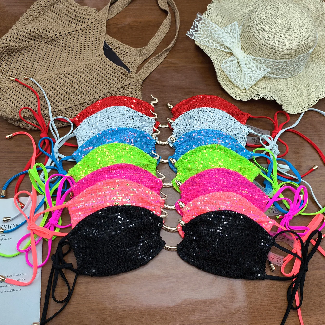 sexy glitter sequin metal snake ring bandeau bikinis sets two pieces thong swimsuits bathing suit swimwear biquini tankini