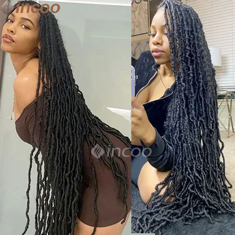 흑인 여성용 합성 풀 레이스 브레이드 나비 Locs 가발, 크로셰 인조 Locs 브레이드 가발, 40 인치 레게머리 브레이드 헤어 가발