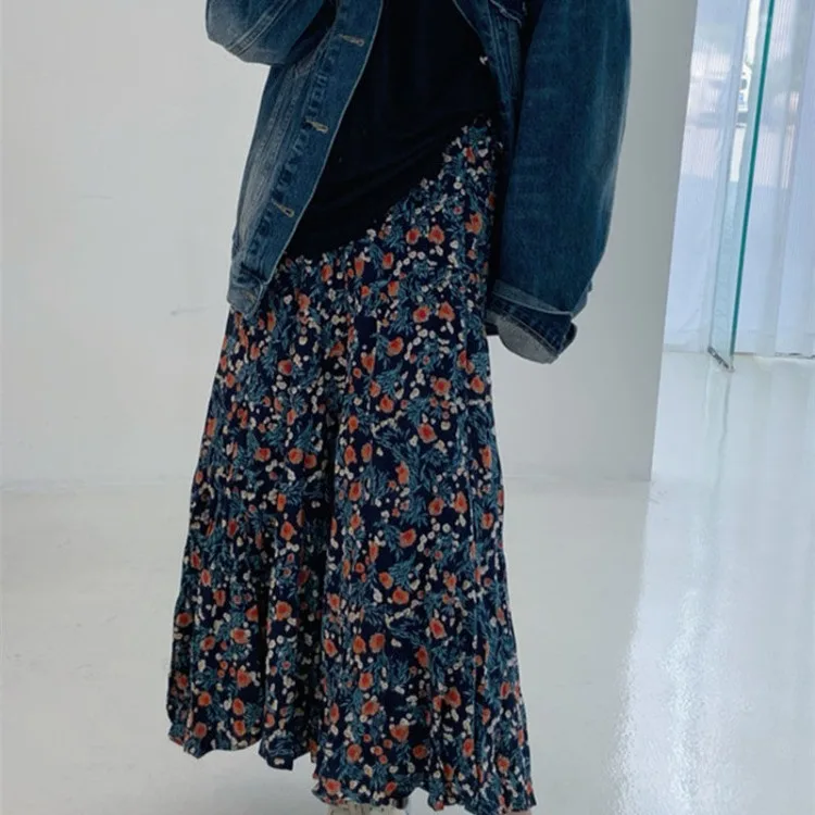 

Early Autumn New Blue Floral Print Skirt for Women Y2k E-Girl Elastic Waist Skirts Mid-length All-match Loose Faldas Mujer