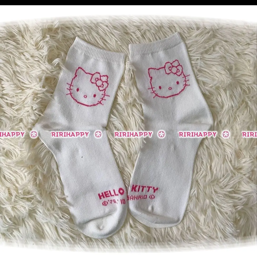 Chaussettes mignonnes Anime Rick Hello Kitty pour couple, chaussettes KT Kawaii, accessoires roses chat noir et blanc, cadeau femme, Y2K