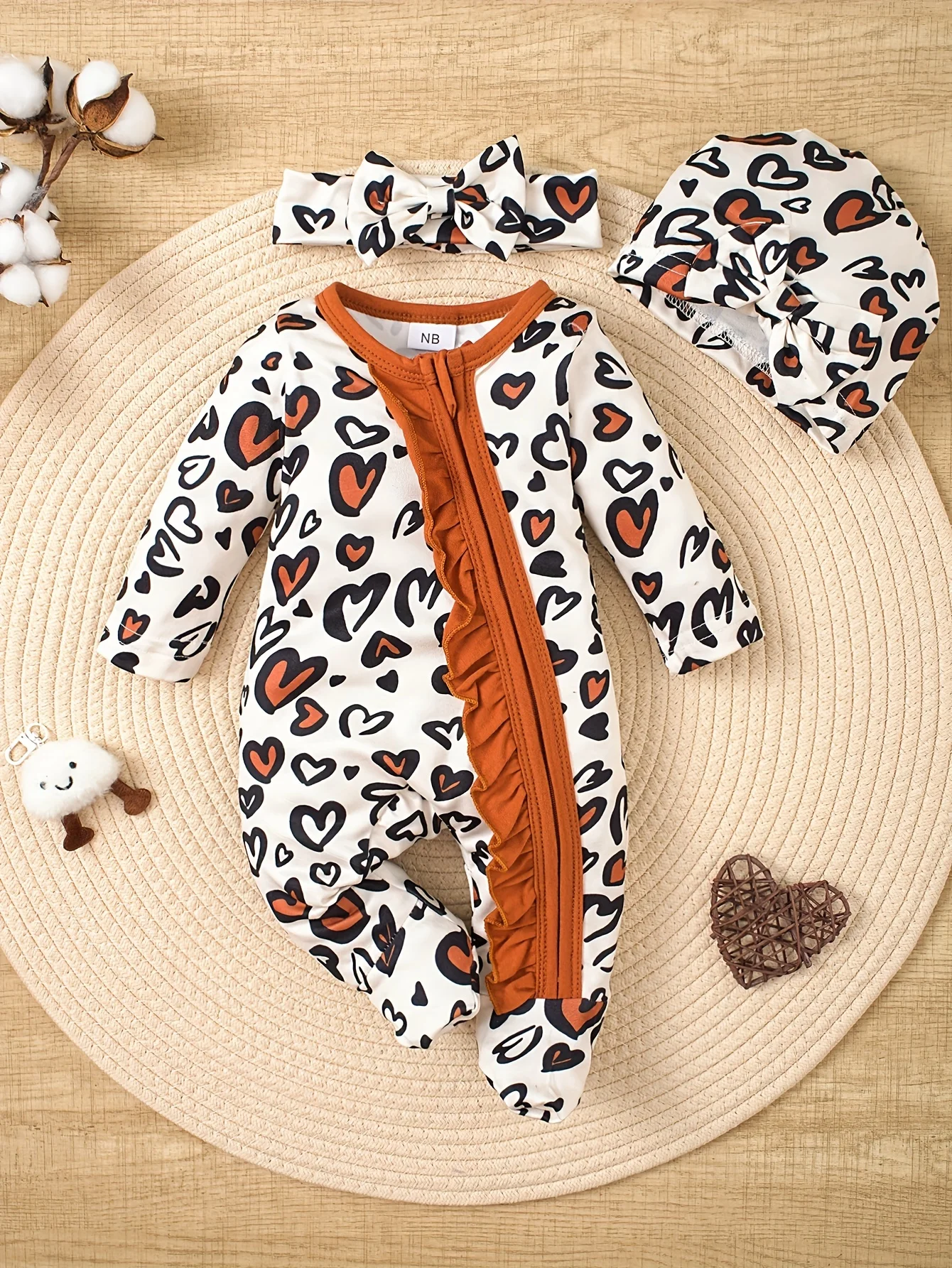 Infant Baby Zipper Closure Footed Romper Jumpsuit With Hat & Headscarf 3pcs Outfit Set