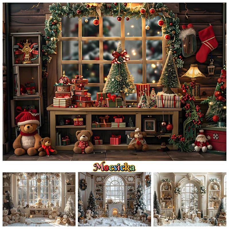 

Christmas Home Background For Photography Wooden Cabin Bear Window Green Tree Photo Backdrop Decoration Indoor Studio Photobooth