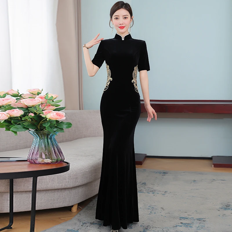 Black Fashion Qipao Shawl Elegance Modern Asian Dress Retro Chinese Style Long Cheongsam Women China Clothes Slim Fishtail Dress