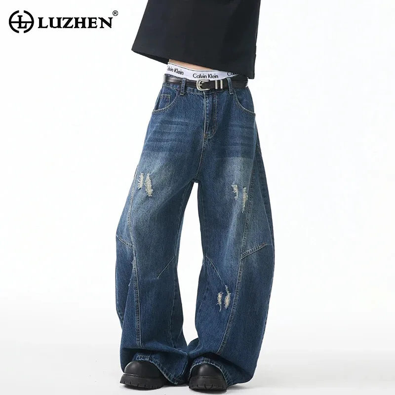 

LUZHEN Solid Color Washed Patched Wornout Design Loose Wide Leg Denim Pants Men 2025 New Streetwear Straight Casual Jeans JY2813