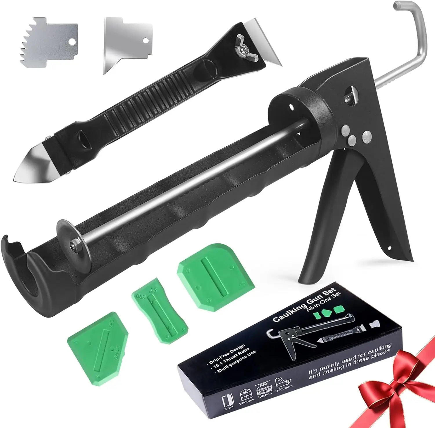 

10oz Caulk Gun Kit No Drip with Remover & 3 Finishing Tools for DIY Home Sealing & Repair