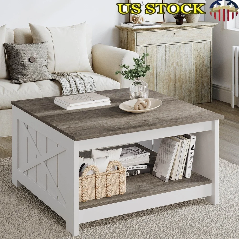 

Square Coffee Table with Open Storage Rack Farmhouse Design Sturdy Wooden Frame Sliding Barn Door Easy Assembly Indoor Use