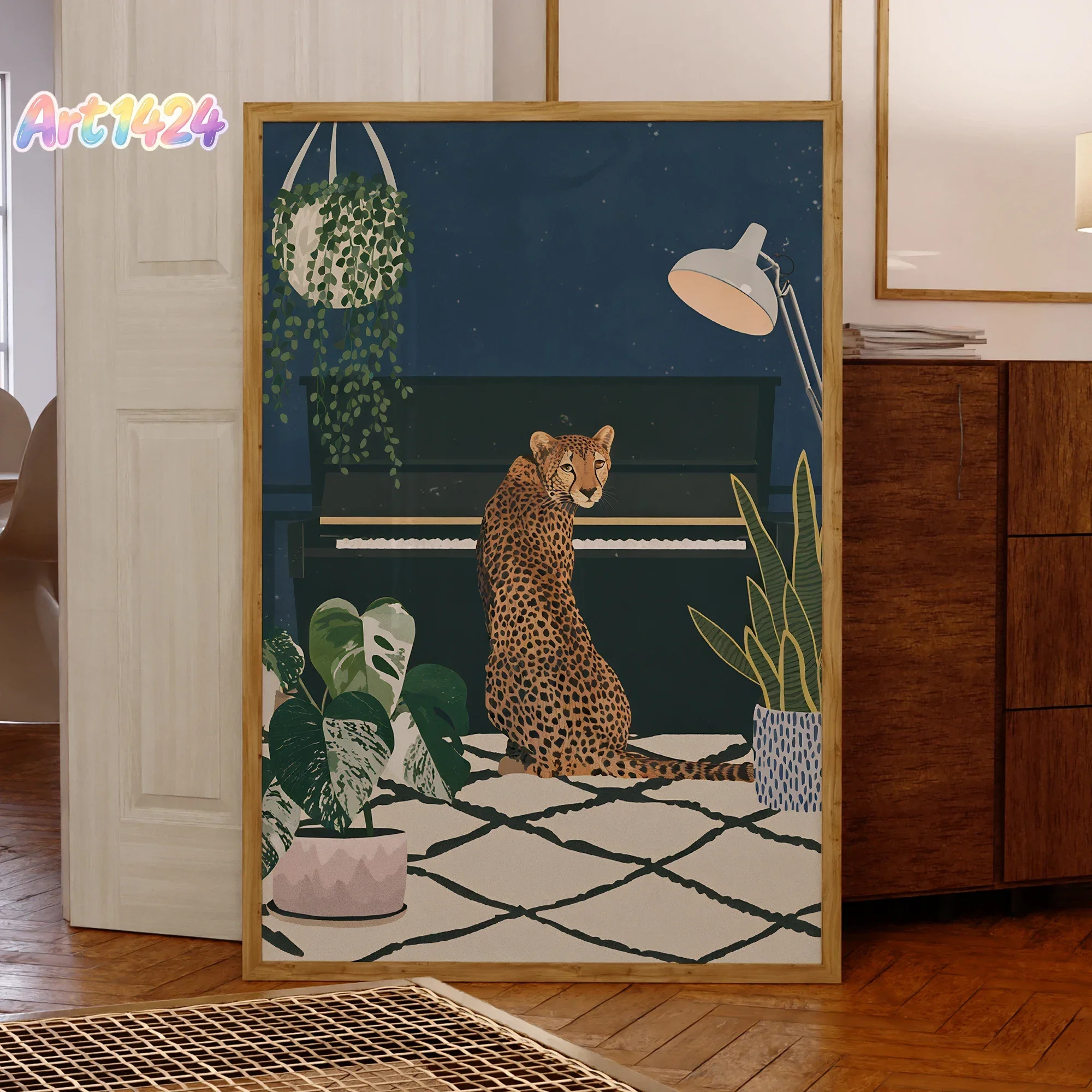 Modern Abstraction Cheetah Playing Piano Wall Art Printmaking Canvas Painting Poster Pictures Living Waterproof Home Deco