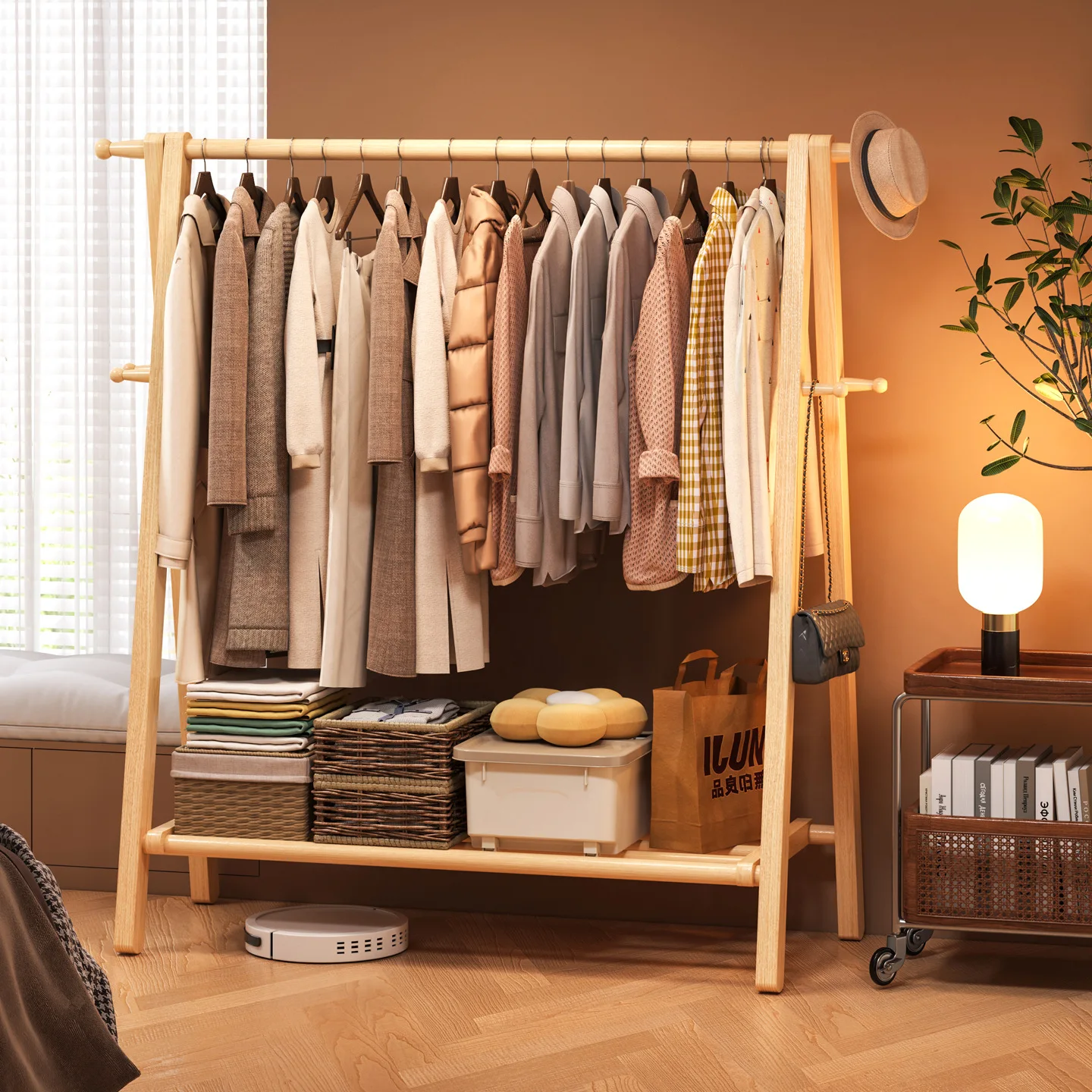Solid wood floor-to-ceiling bedroom household living room foldable hanger rack