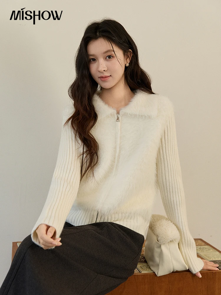 

MISHOW женский белый вязаный кардиган из искусственного меха 202, осень-зима, искусственный двухсекционный воротник на молнии с лацканами, теплая мягкая верхняя одежда MXE94Z2992