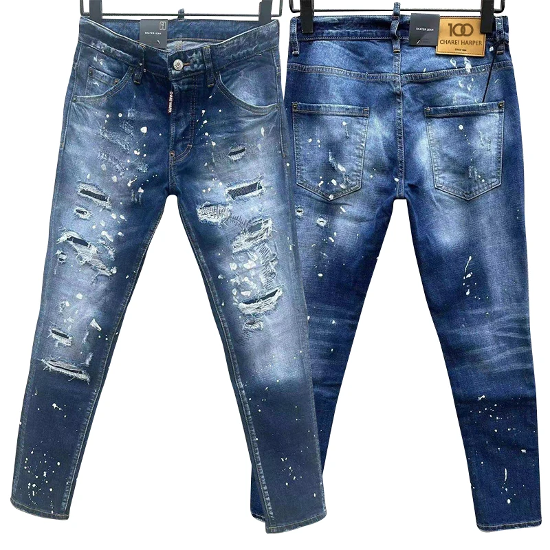 100 chareiharper c067 Men's Jeans Ripped patch Trend Elastic slim small foot pants 100 match men's pants