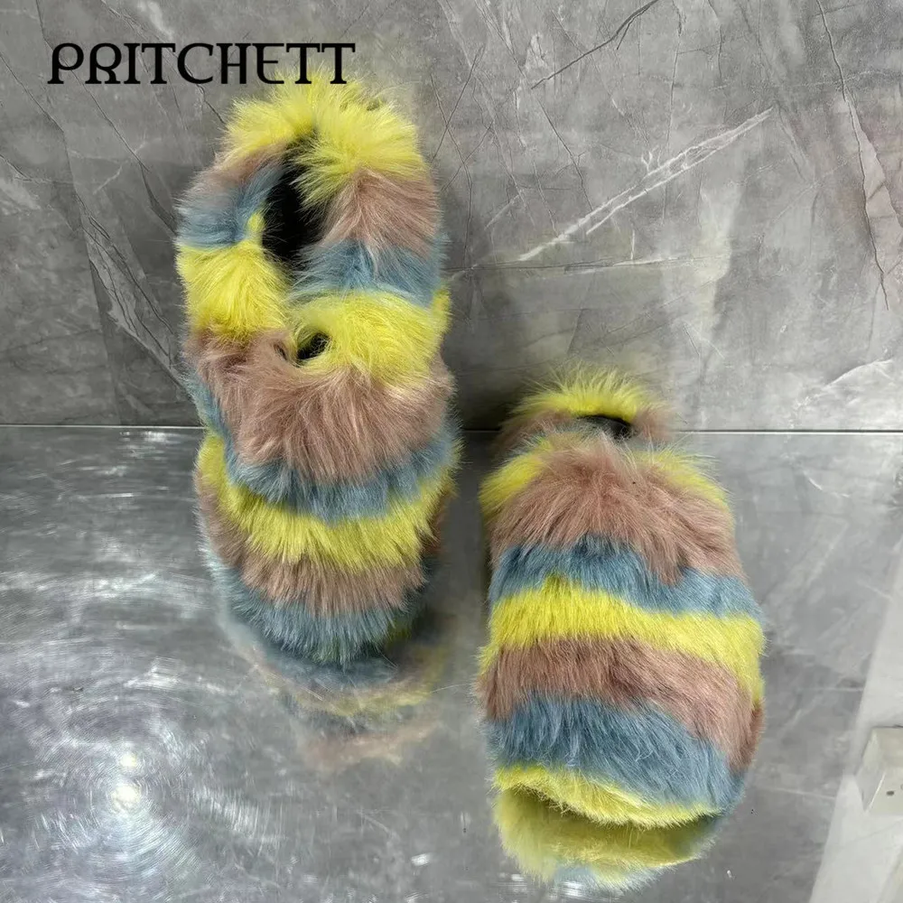 Colorful Fur Slippers with Round Toe and Hollow Back Warm and Comfortable Slippers Daily Casual Large Size Women's Shoes