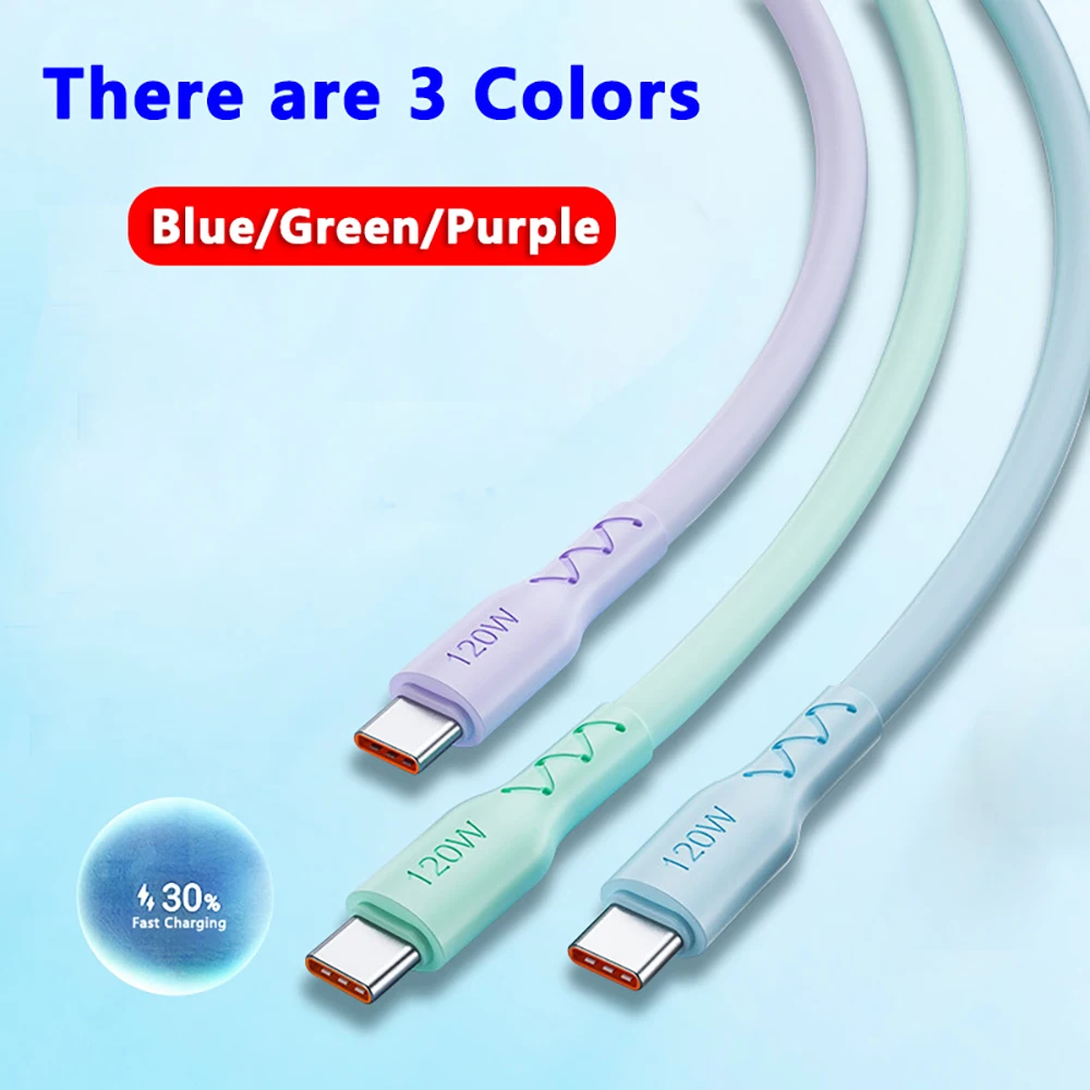 120W 6A USB Type C Super Fast Charging Cable Soft Silicone For Samsung Xiaomi Redmi Huawei Android Phone Charger Usb C Data Cord