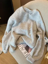 Casual Grey Mohair Sweaters Autumn Winter Fashion O-Neck Knitted Top Pullovers Crystal Diamonds Office Lady Oversized Streetwear