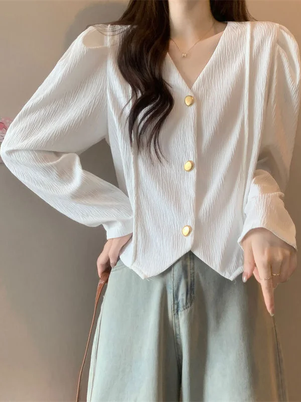 

Faionable V-Ne Long Sve irt Women's Ele Chic Bubble Sve Top Autumn New Design Korean Sle Commute Wind Loose...