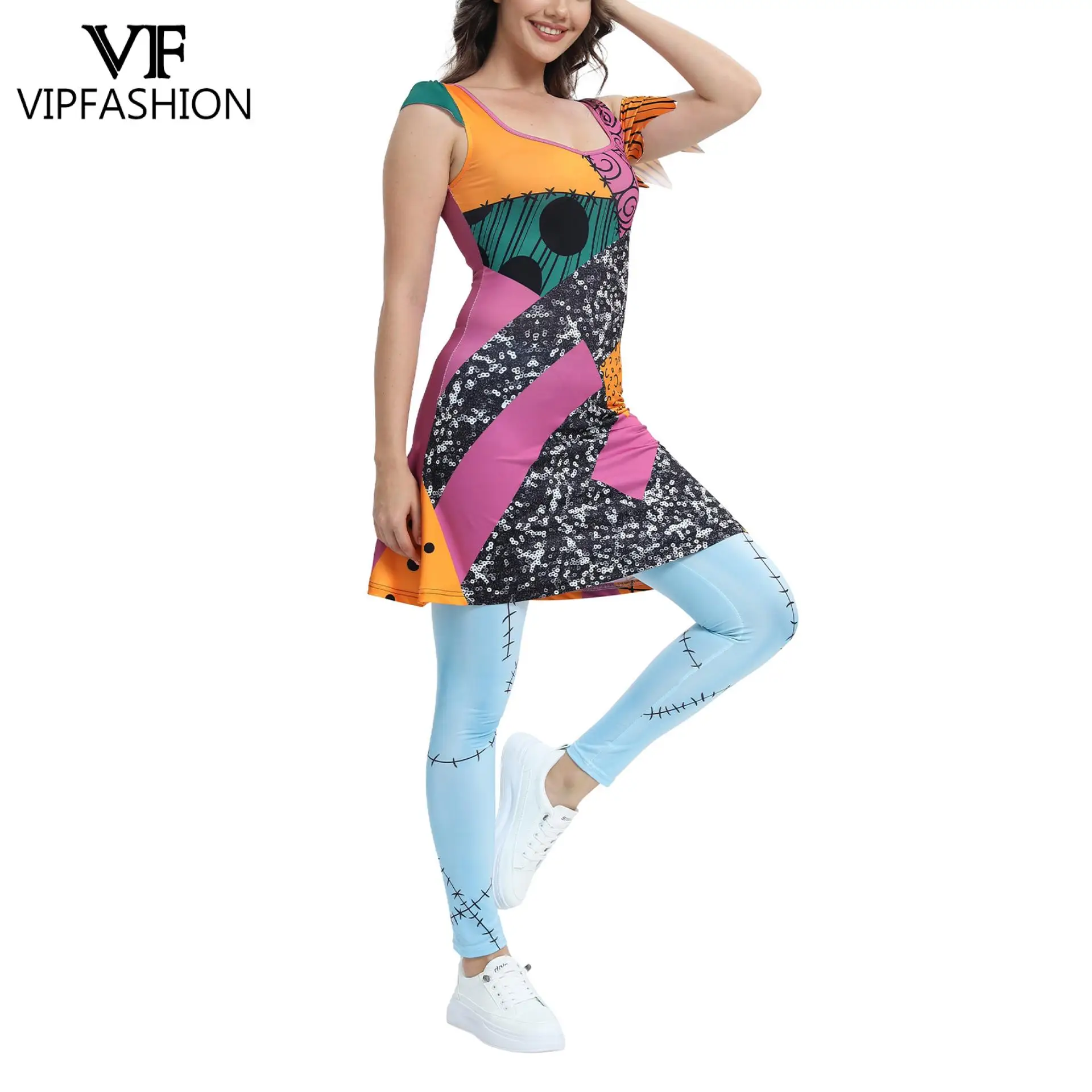 VIP FASHION Women Sally Dress Leggings Halloween Disguise Wear Sleeveless Patchwork Dresses Sexy Tights Girl Party Matching Suit