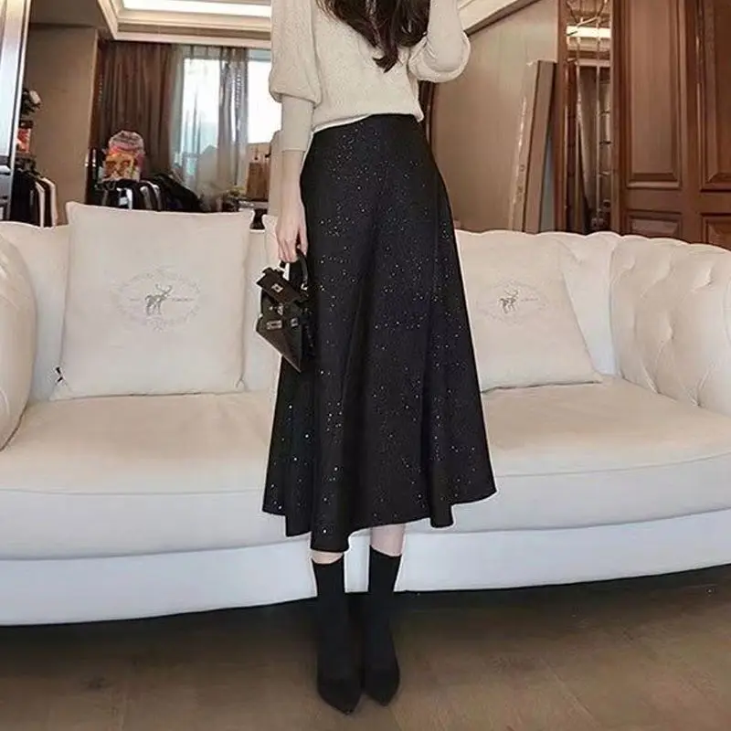 Simplicity rok midi wanita, rok A-line panjang menengah longgar pinggang tinggi mode Korea perca Solid musim gugur/musim dingin