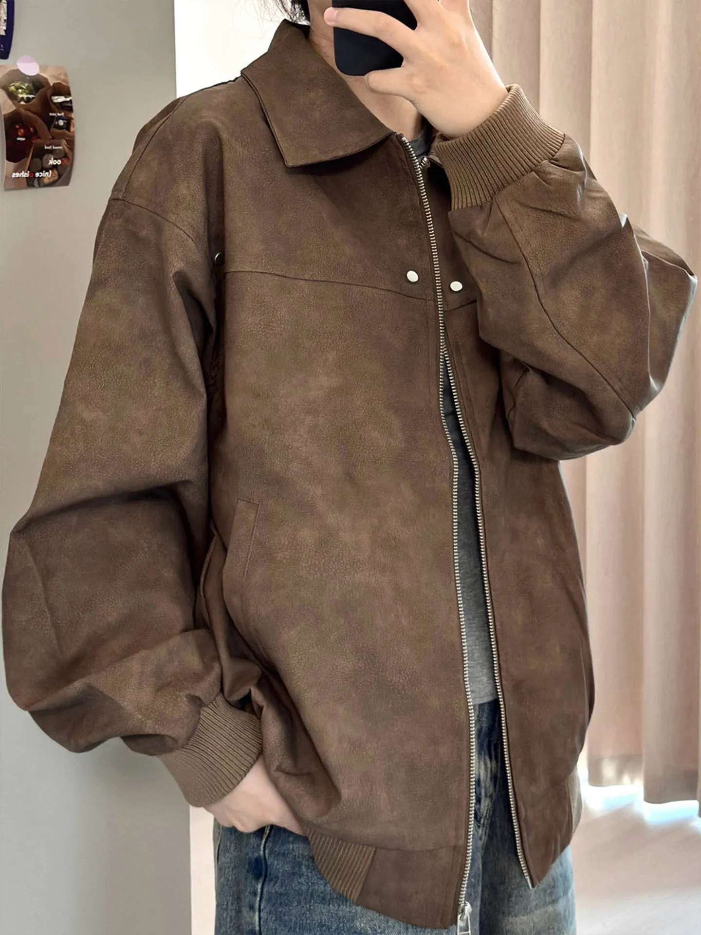 American Style PU Suede Jacket Men's Short Fashionable Cleanfit Flight Outerwear Motorcycle Leather Youth Casual Autumn Coat