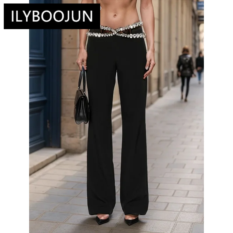 

ILYBOOJUN Solid Patchwork Diamonds Flare Pant For Women High Waist Crisscross Slimming Full Length Pants Female Fashion New