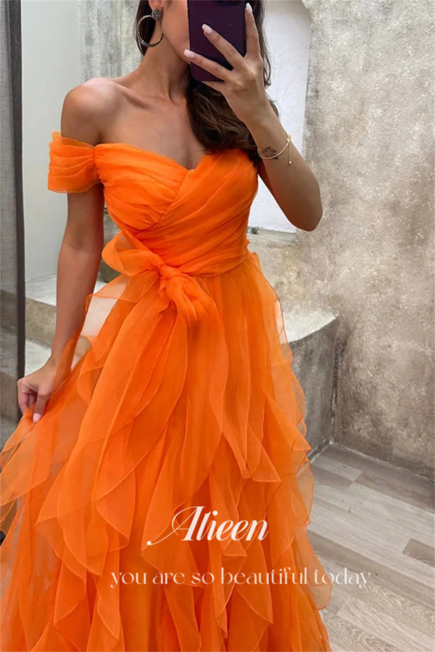 Aileen Grace Multi-layer Orange Color Short Sleeves Elegant Evening Dresses for Women Luxury Prom Dress 2024 Customized Wedding