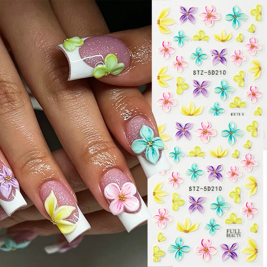 1/2 Stück geprägte bunte Farbverlaufs-Blumen-Nagelaufkleber, Lilienblüten, vierblättrige florale Nagelaufkleber, Sommer- und Frühlings-Nagelkunst-Dekoration