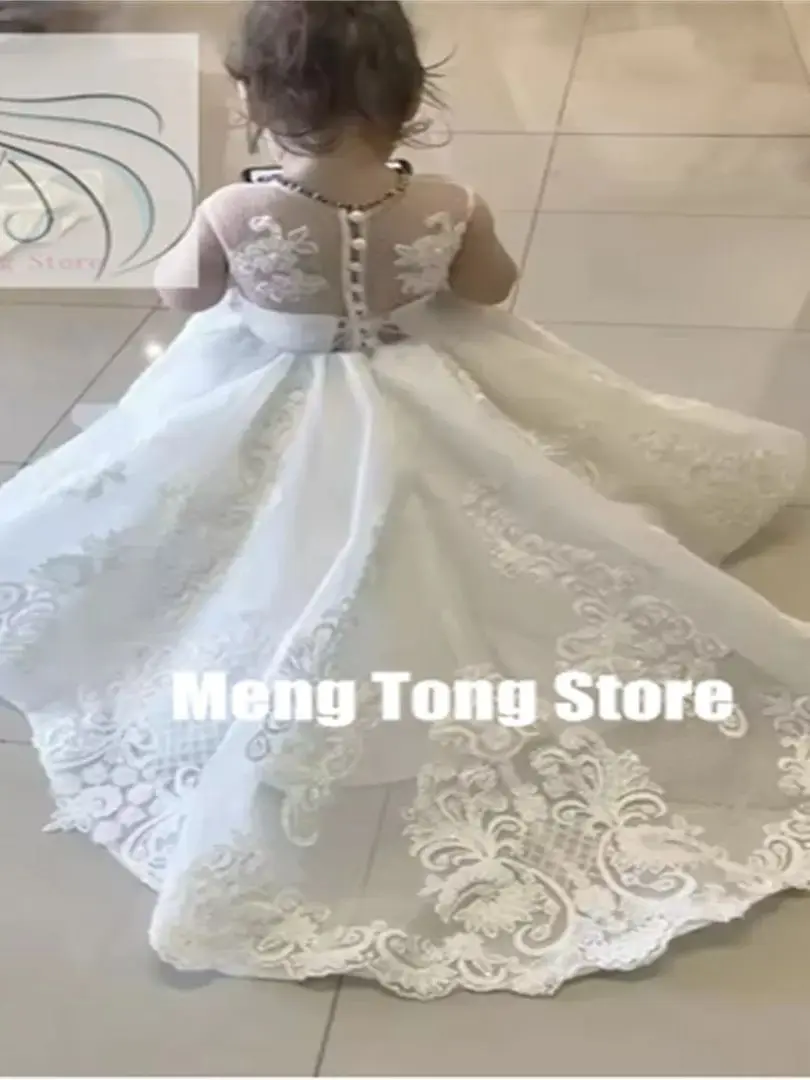 Gaun Gadis Bunga Renda Pernikahan Kustom untuk Gaun Pesta Ulang Tahun Anak Komuni Pertama Putri Applique