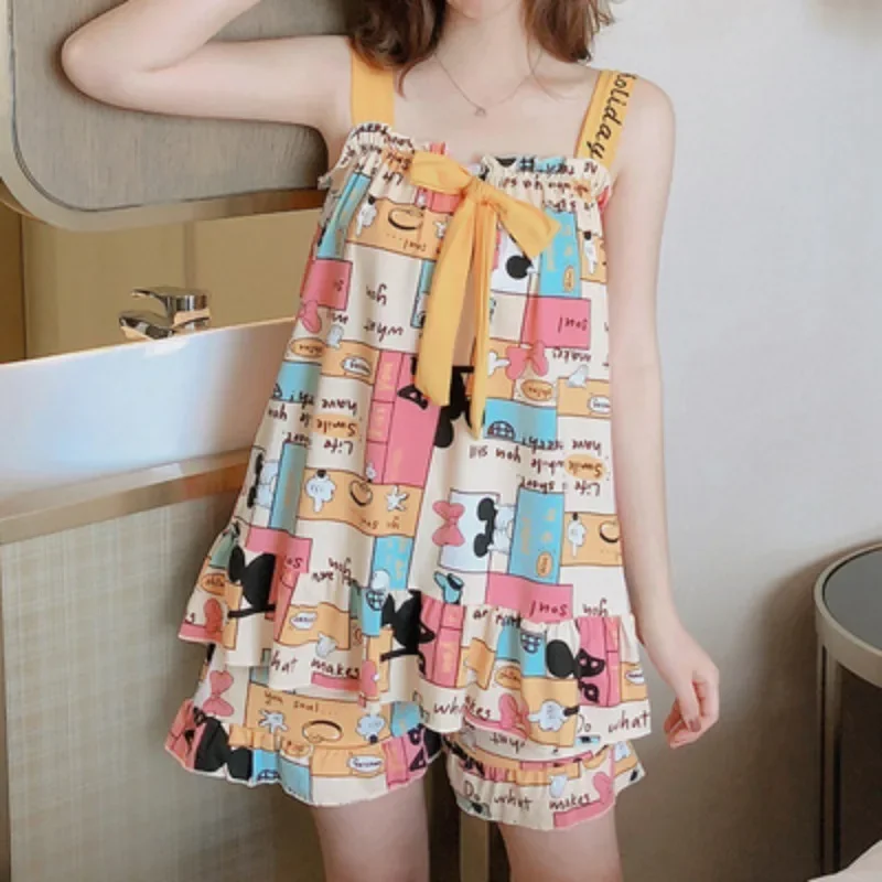 Women's Nightwear Summer Princess Style Sweet Sleepwear Sling Shorts Set Sleeveless Cartoon Tide Suspender Pajamas Girl Skirt