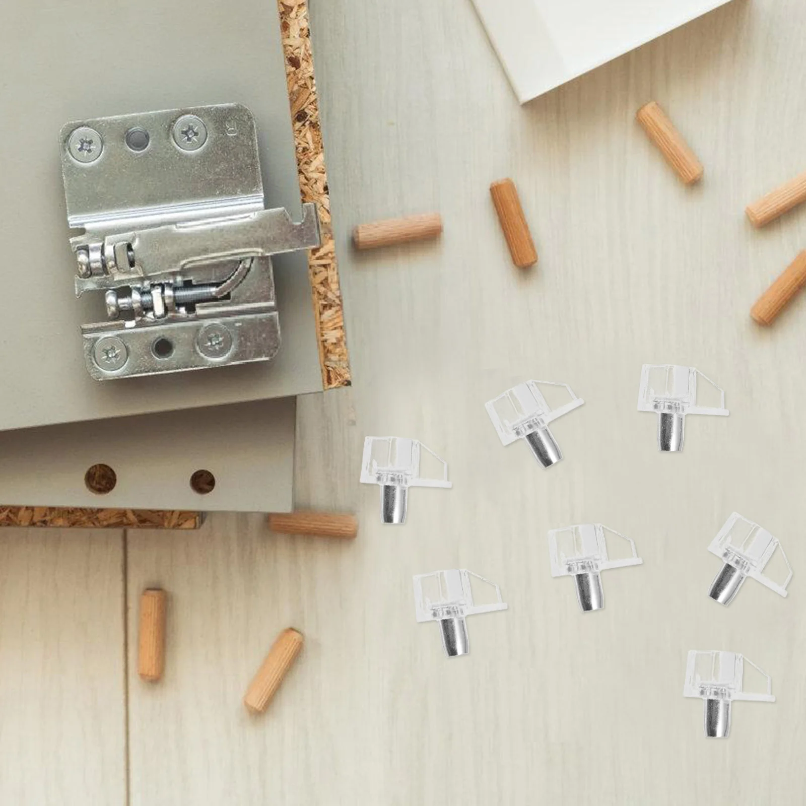 

100Pcs Clear Plastic Shelf Support Pegs Cabinet Clips Spring Self Locking Pins for Kitchen Wardrobe Bookcase Shelves