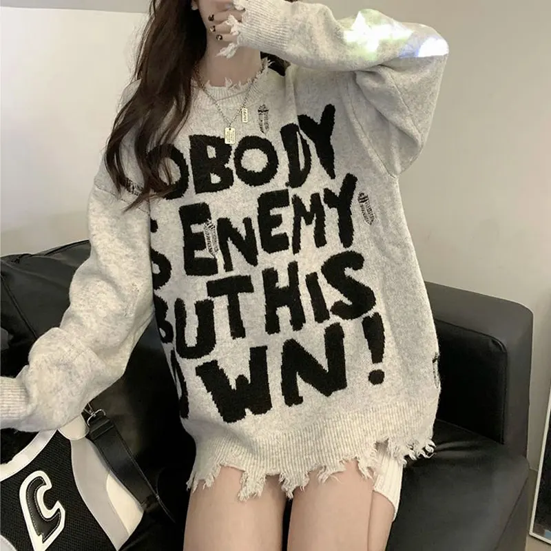 Female Clothing Letter Printed Sweaters Korean Loose Autumn Winter Stylish Frayed Casual Round Neck Knitted Long Sleeve Jumpers