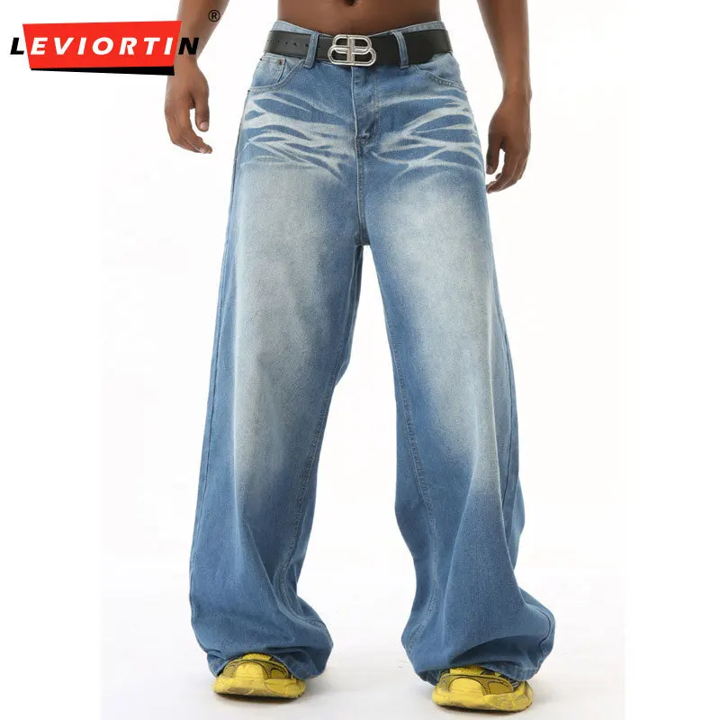 

2025 Four season men's American fashion trend washed crease retro versatile casual simple loose hanging wide leg denim pants