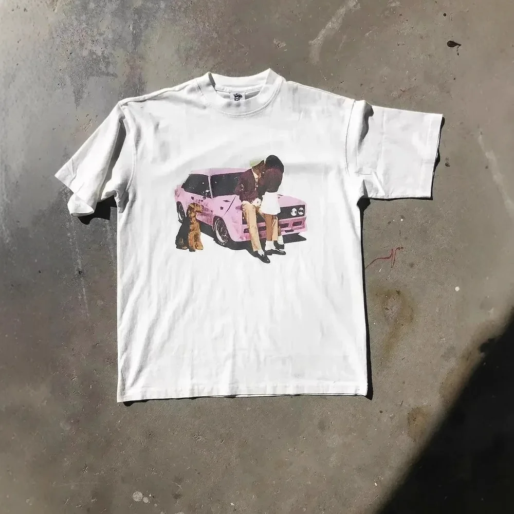 تي شيرت قطني طويل مطبوع بتصميم كرتوني بسيط ومتخصص للرجال، قميص هيب هوب هاراجوكو y2k فضفاض للزوجين #2