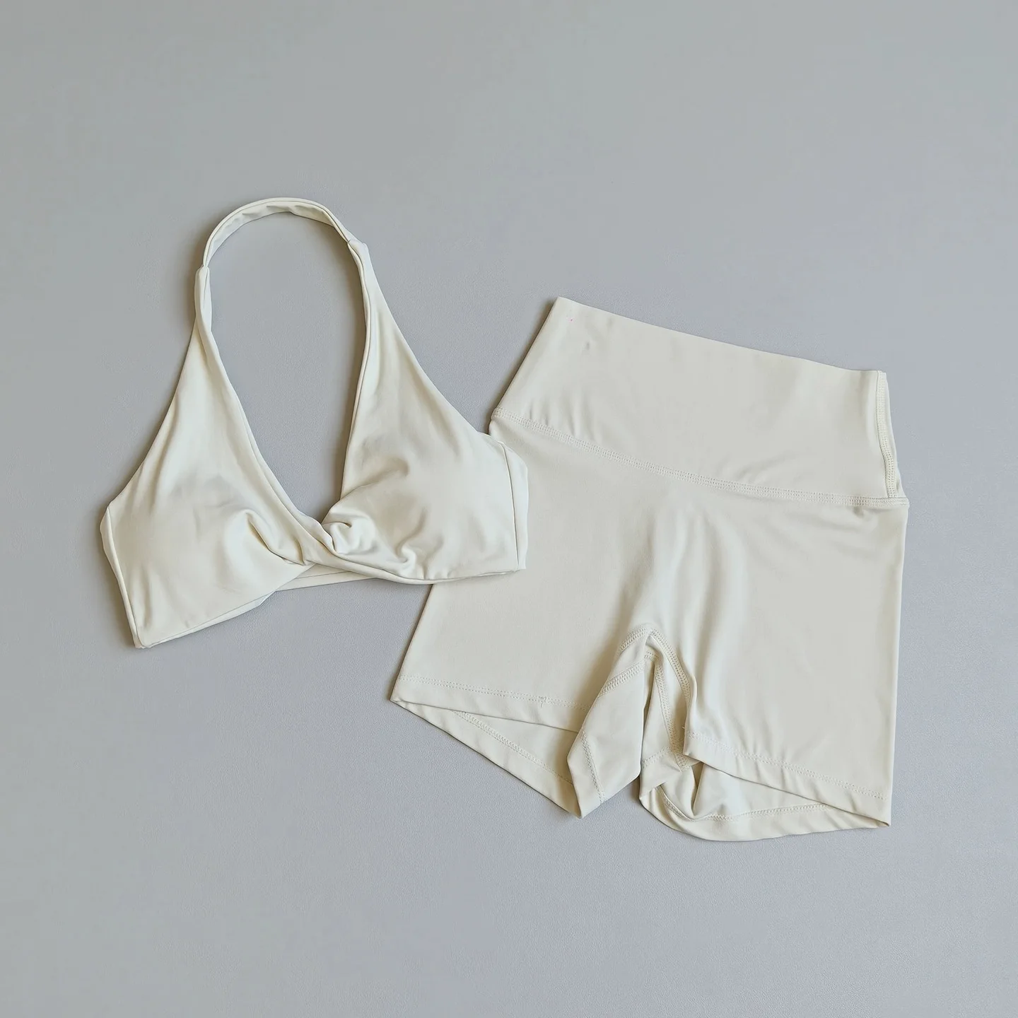 Women's 2-Piece Workout Set, Sexy Halter Open Back Supportive Sports Bra High Waist Shorts for Pilates, Yoga and Running Train