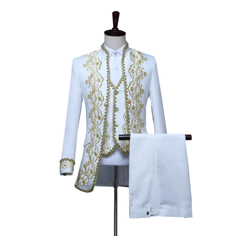 Vintage Men Appliqued 3-piece Suit Black and Gold Stage Stylish White Theater Gala Evening Jacket