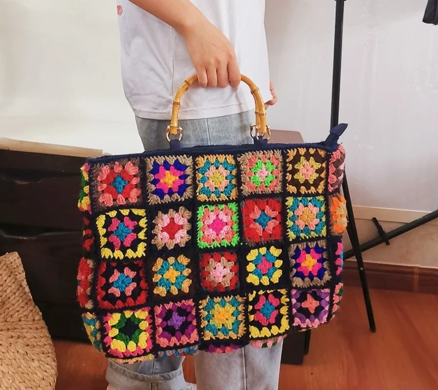 Knitting Kits Granny Square Handmade Crochet Big Bag Ethnic Style Purse Handbag With Wooden Hand-held Woven Shoulder Bag