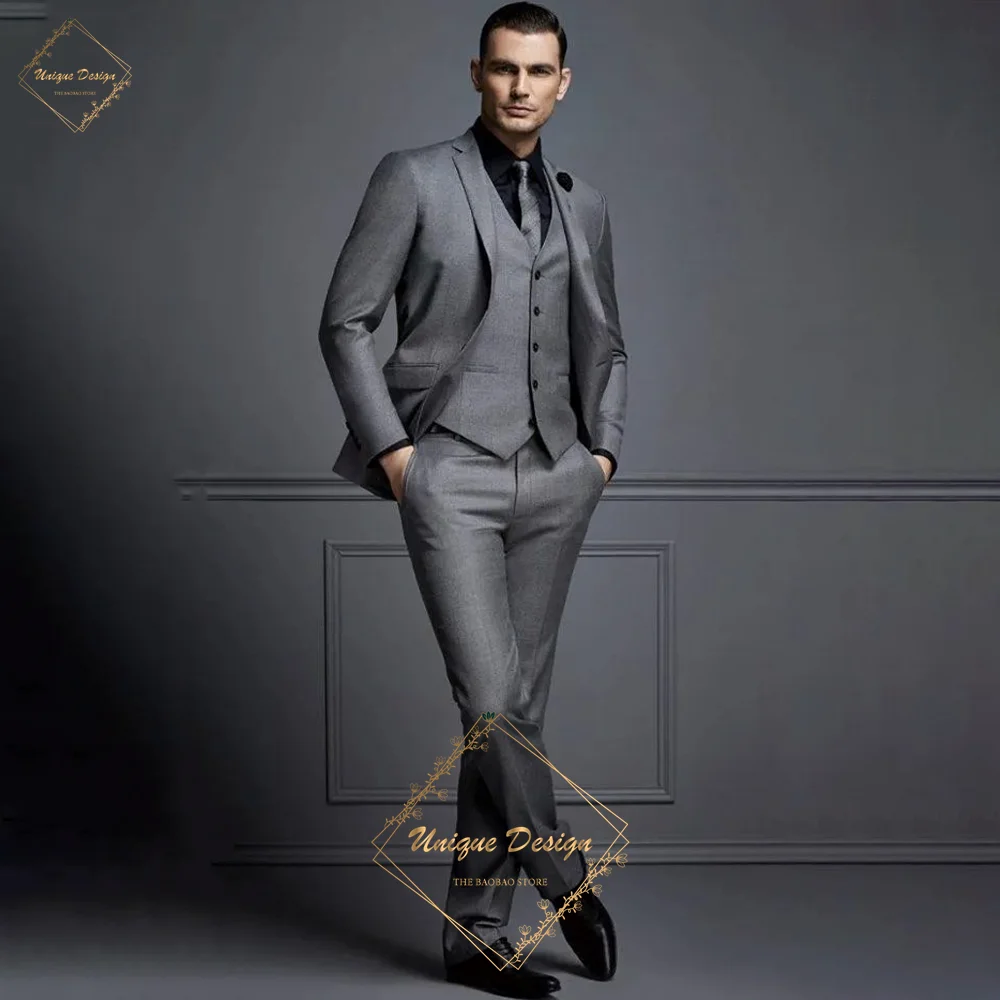 Men's Suit 3-Piece in Grey Jacket Vest Pants Classic Single-breasted Slim Fit Custom Tuxedo for Wedding Party Dinner Wear Gift