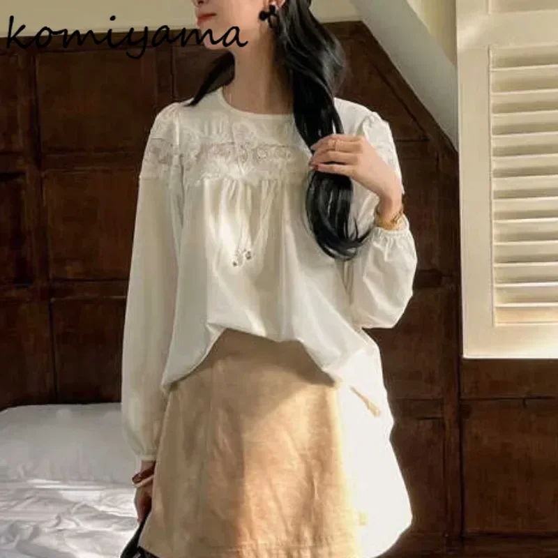 Lace Embroidery Shirts & Blouses 2024 Woman Blusas Loose Round Neck Ropa Mujer Fashion Long Sleeve Camisas Autumn New Blusa