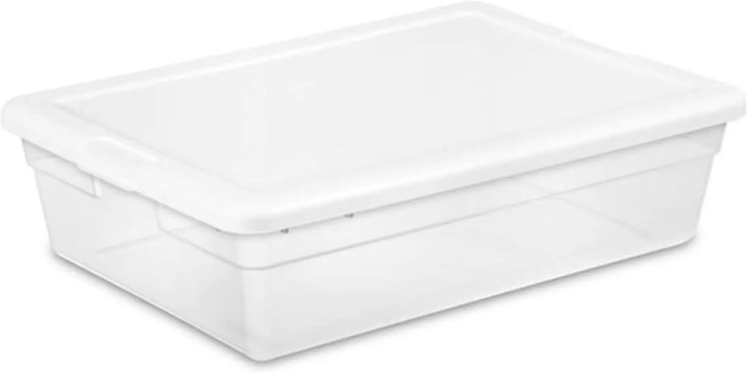 

Sterilite 28 Qt Underbed Storage Box Stackable Bin with Lid Plastic Container To Organize Bedroom Clear Base White Lid 20-Pack