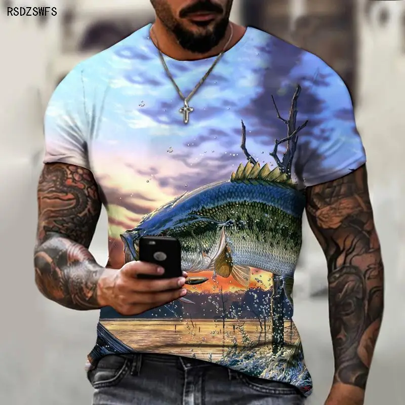 Wild Fishing 3D Printing Men\'s T-shirt, Round Neck Design, Essential Clothing For Friends Of Fishing, Casual Oversize S-5XL