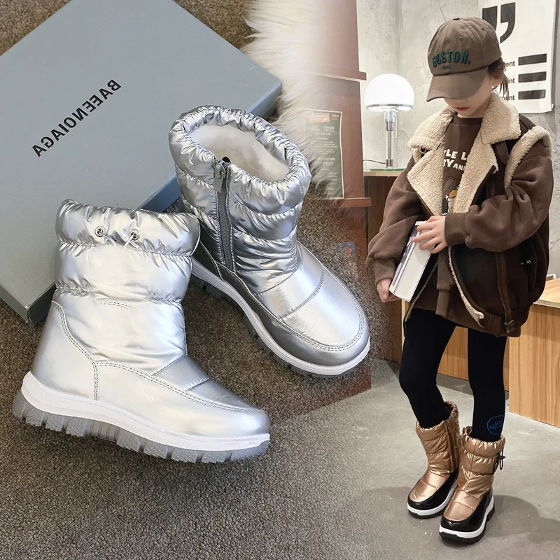 

2025 Winter Kids Waterproof Glossy Snow Boots, Thermal Fleece-Lined Anti-Slip Cotton Boots for Big Boys & Girls, High-Top Winter