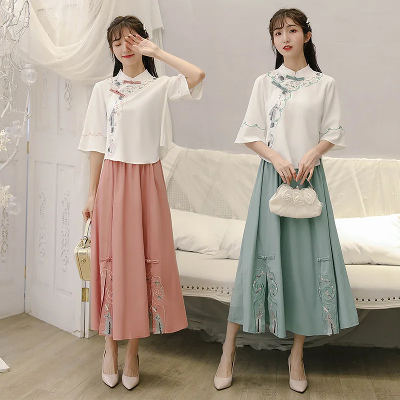 

Chinese Traditional Cheongsam Women Retro Summer 2023 Embroidery Pink Green Skirt Republic of China Style Han Element 2PCS Suits