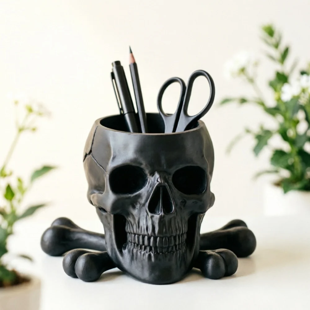 3D Printed Black Skull Pen Holder Gothic Style Desktop Organizer For Pencils Scissors And Office Stationery Storage