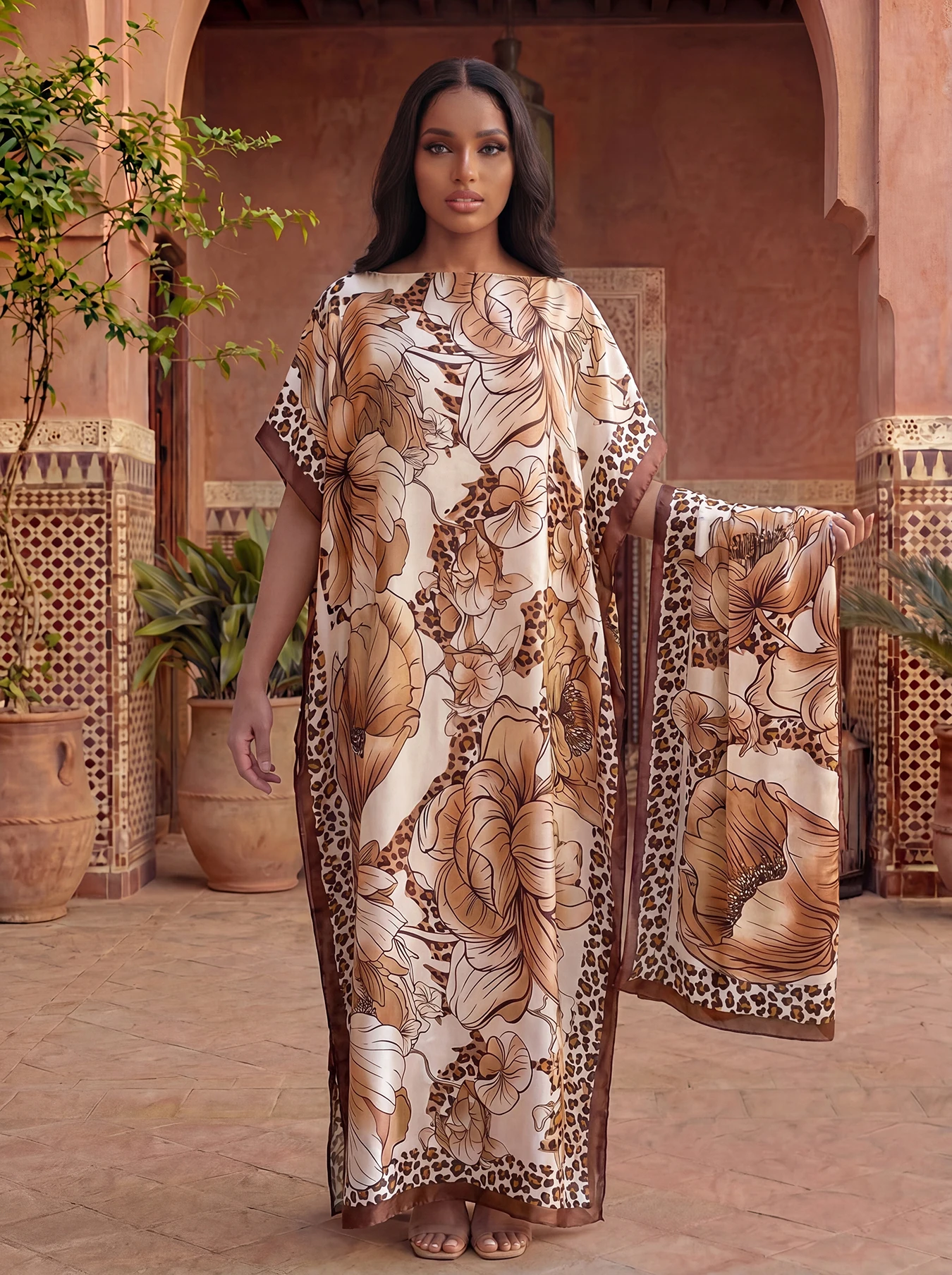 Leopard Border Big Floral Print Satin Abaya With Scarf, Loose Maxi Kaftan For Muslim Women Summer Beach Wear view 5