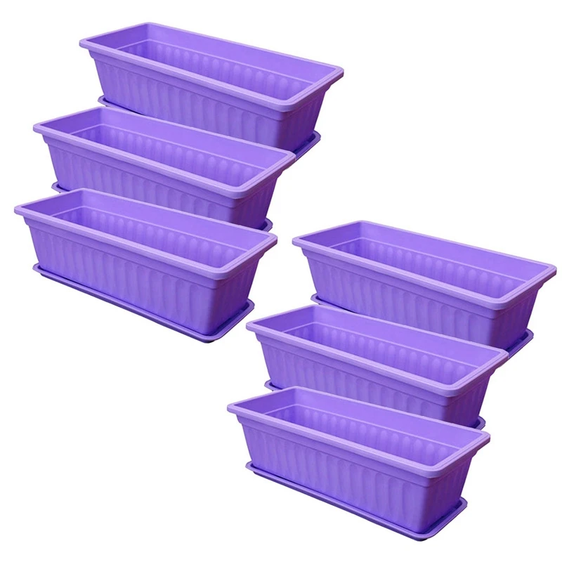 6Pcs 17 Inches Purple Flower Window Box Plastic Vegetable Planters For Window Sill, Patio, Garden, Home Decor, Porch