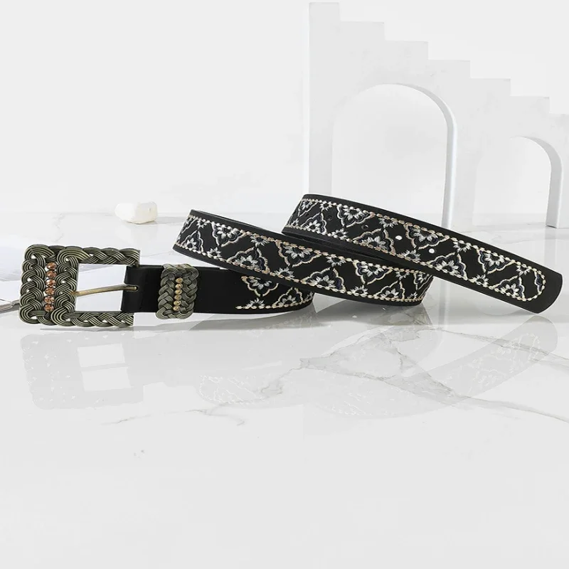 Fashion Embroidery Rhinestone Belt Ethnic Vintage Alloy Buckle Lace Decoration Black Belt Jeans Accessories Casual New