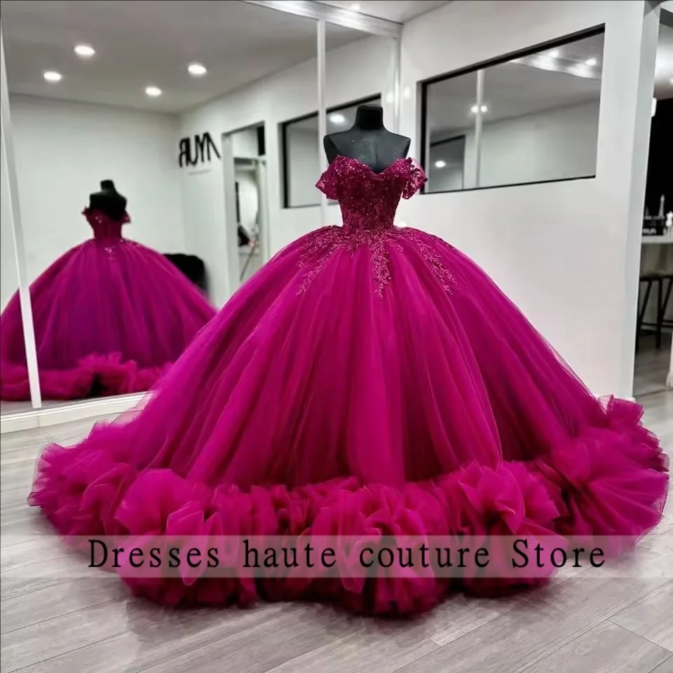 

Новое поступление, ярко-розовые платья Quinceanera для девочек, аппликации с открытыми плечами и рюшами, Vestido De 15, Quinceaneras Morado, по индивидуальному заказу